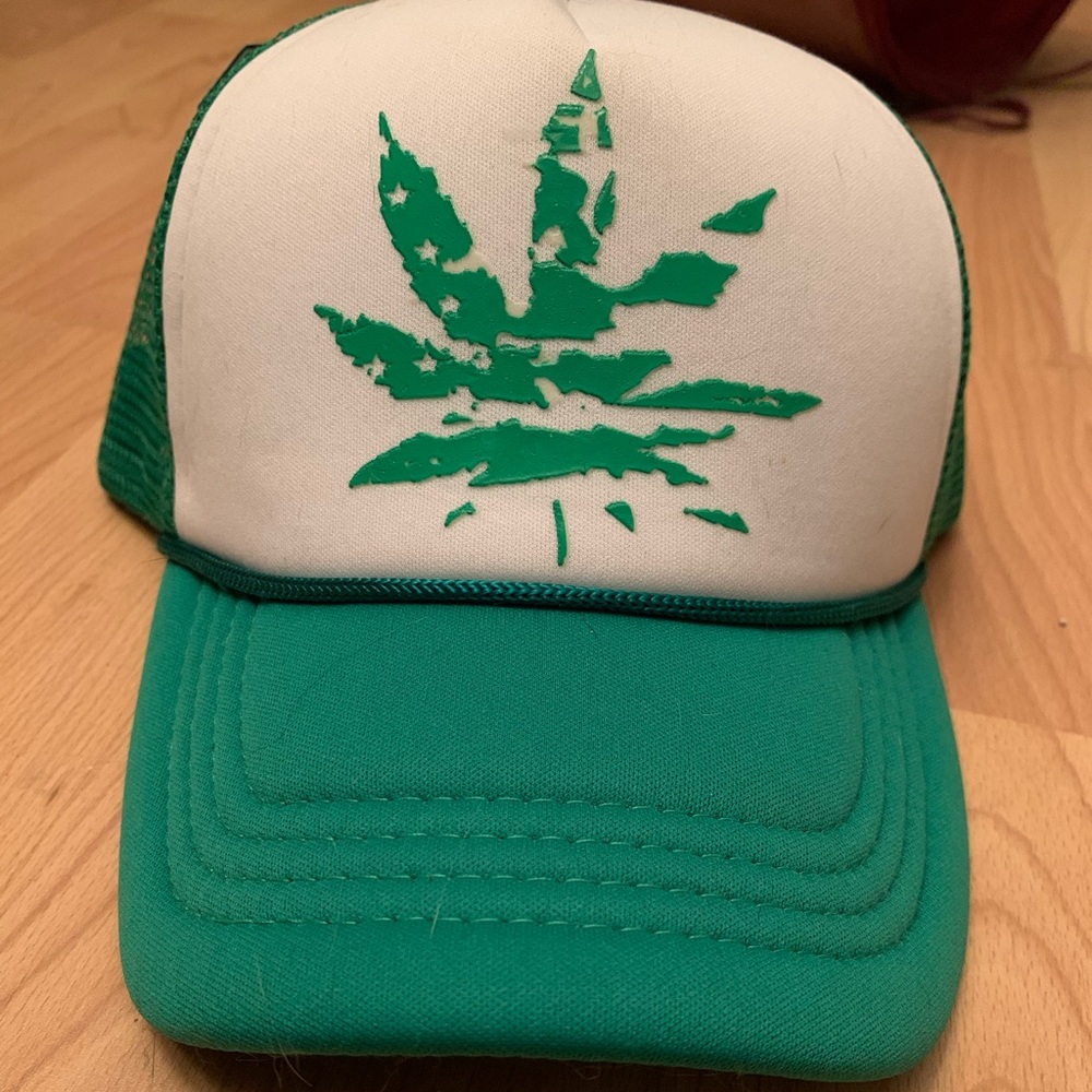 Green and White Cannabis Leaf Hat